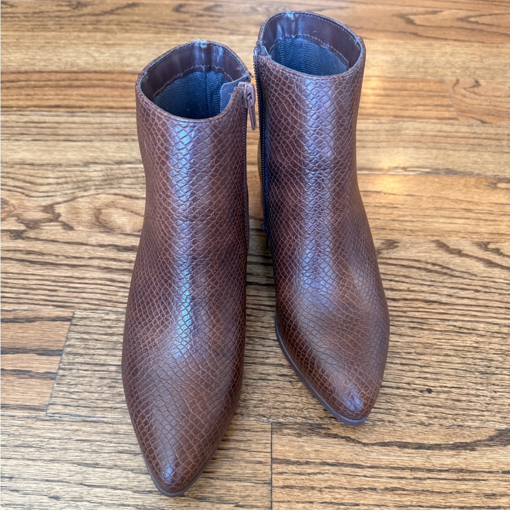 CityClassified brown snake embossed booties